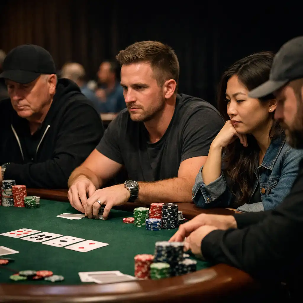 Hráči pokeru u plstěného stolu během turnaje s žetony a kartami