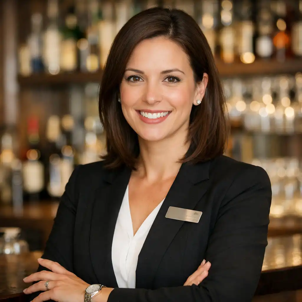 Manažerka Petra Svobodová usmívající se u baru restaurace