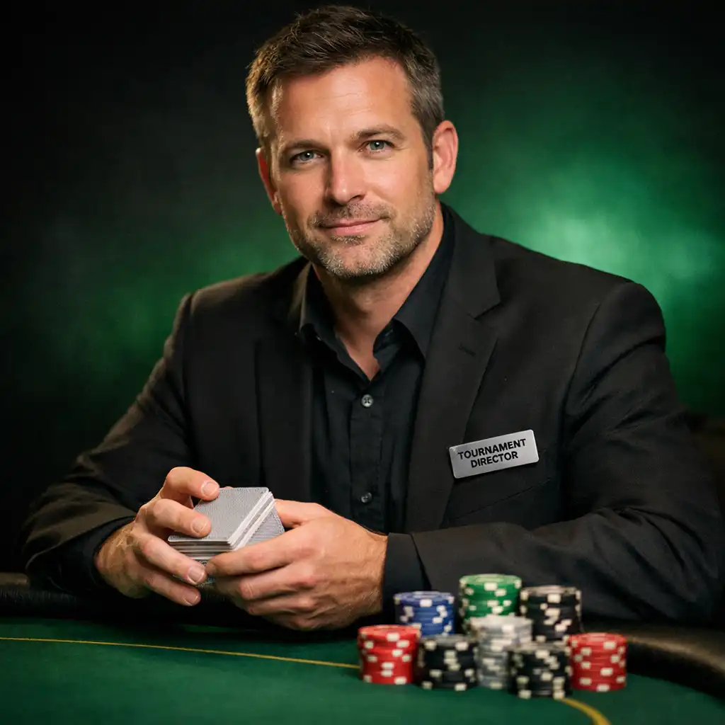 Pokerový koordinátor Marek Dvořák u plstěného stolu s kartami a žetony