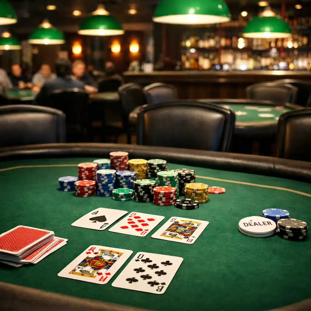Pokerový salon s plstěnými stoly a zeleným osvětlením
