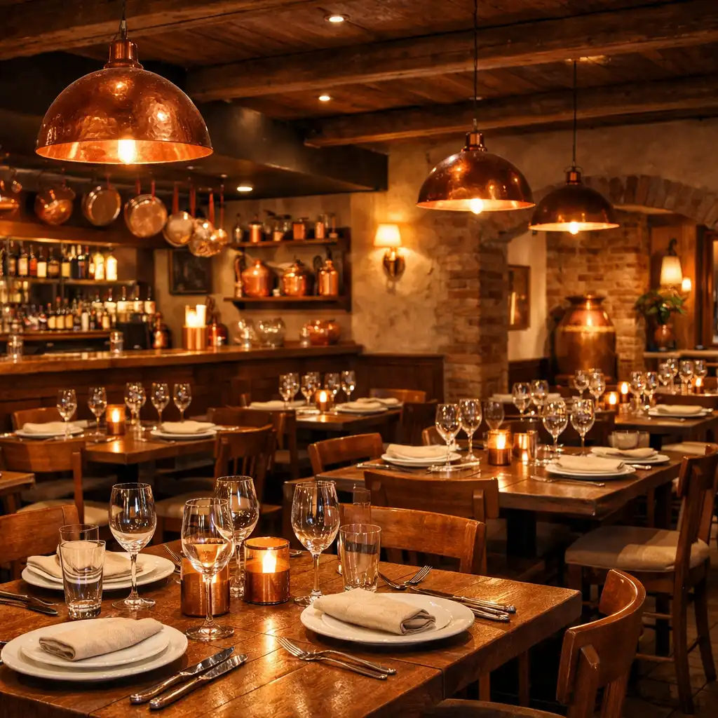 Interiér restaurace s dřevěnými stoly a teplým osvětlením