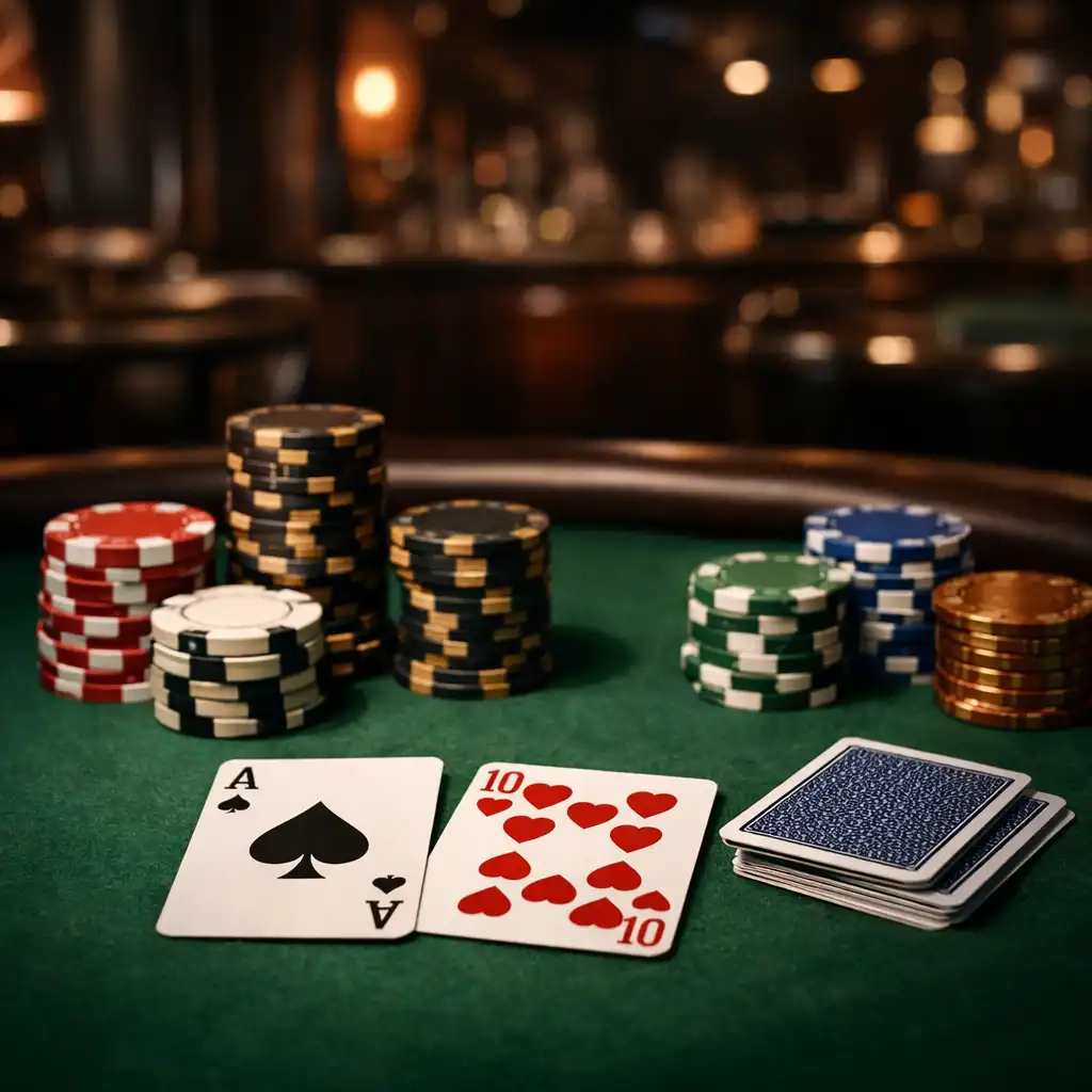 Profesionální pokerový stůl s plstěným povrchem, hromádkami turnajových žetonů a hracími kartami v tlumeně osvětleném salonku
