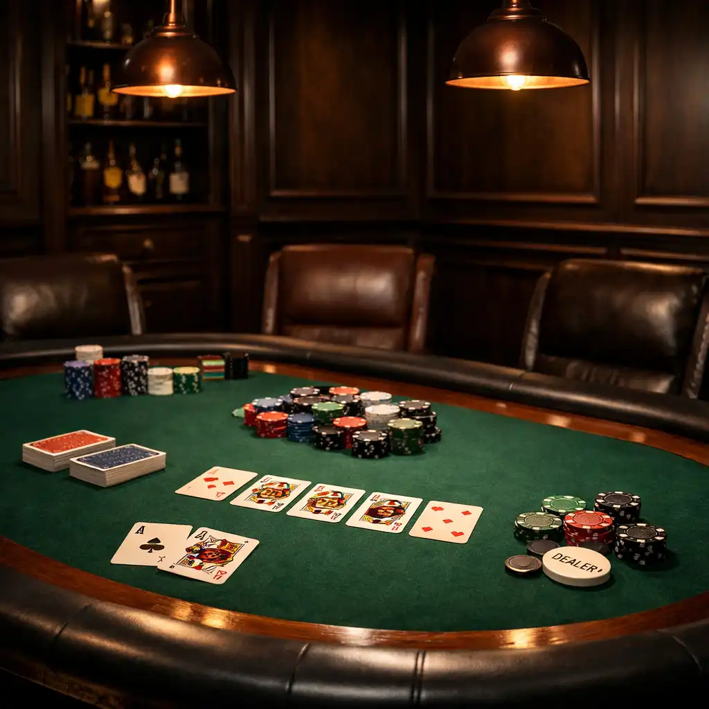 Pokerový lounge s plstěným stolem, profesionálními žetony a kartami