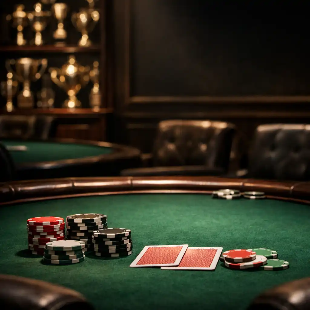 Pokerový lounge se zelenými plstěnými stoly a policemi s trofejemi