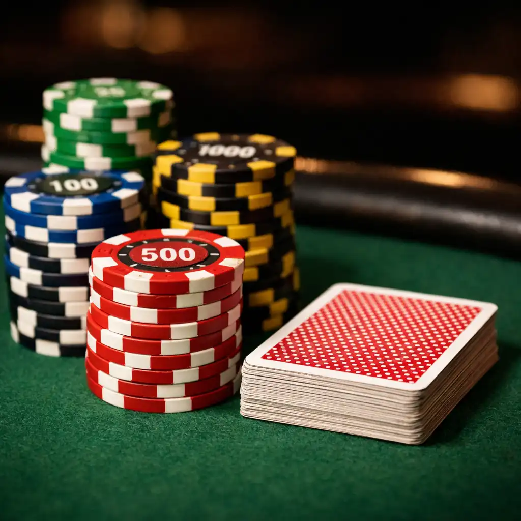 Detail pokerového stolu se zeleným plstěným povrchem, hromádkami turnajových žetonů a balíčkem karet