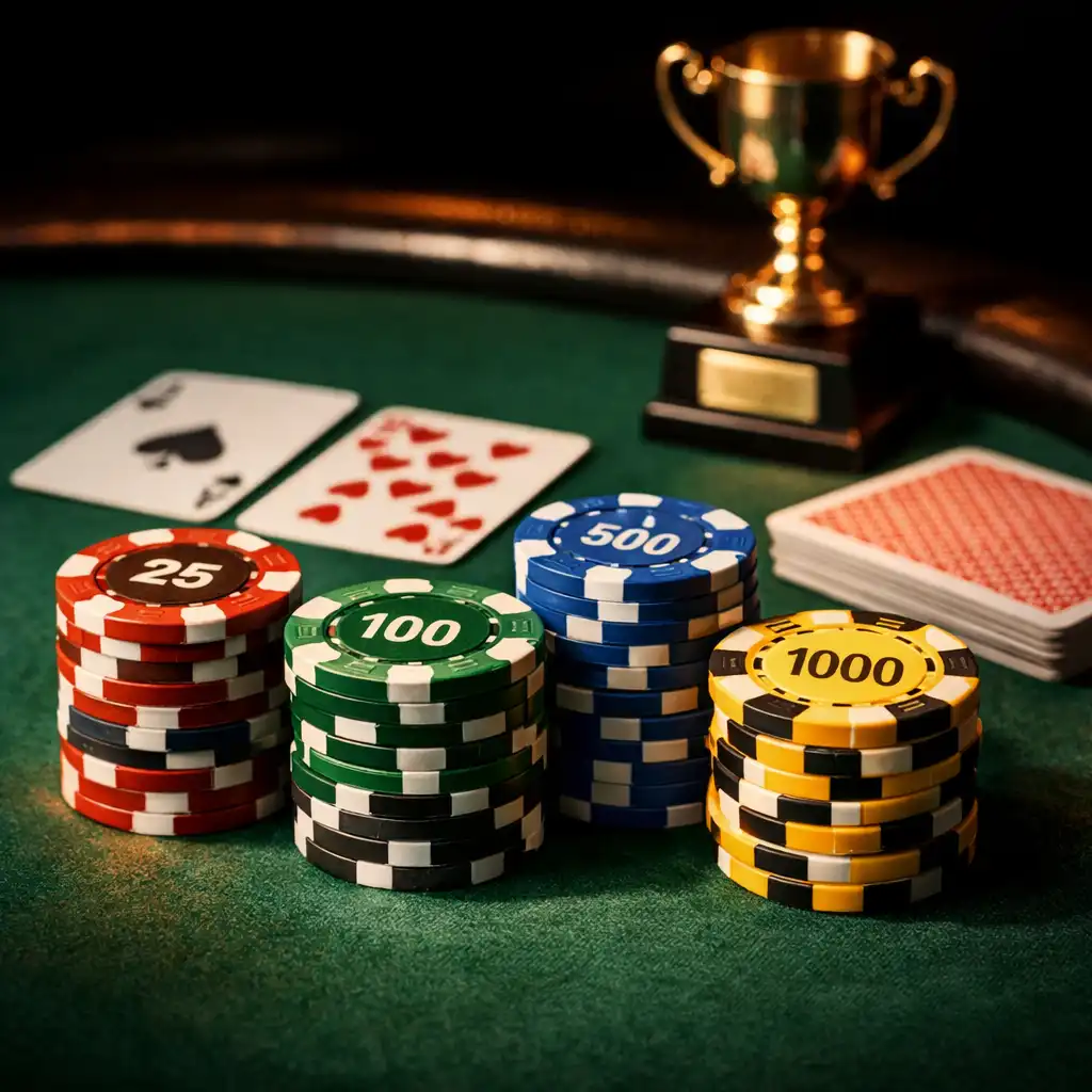 Detail pokerového stolu se zeleným plátnem, barevnými turnajovými žetony, kartami a malou trofejí