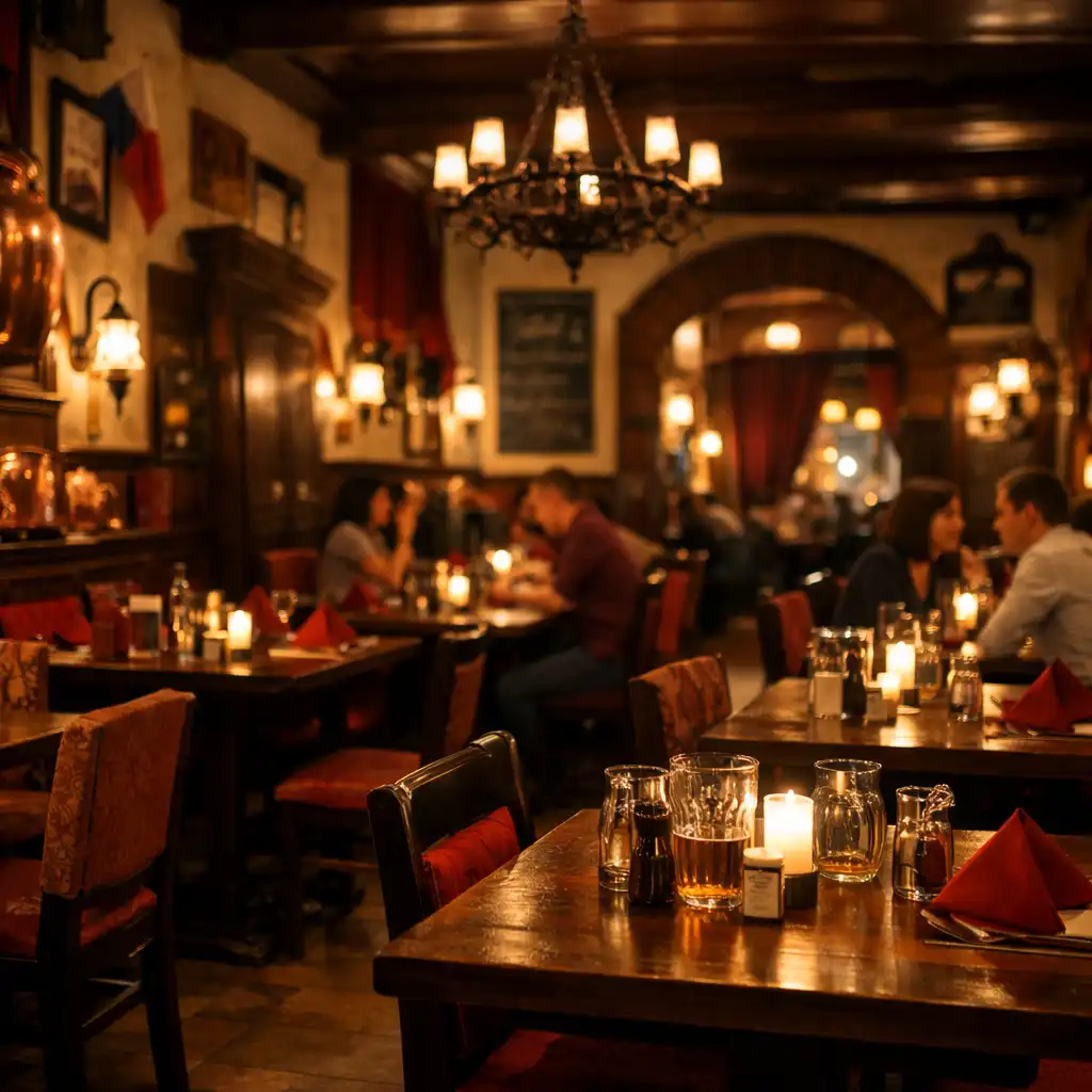 Interiér restaurace Dvůr Setkání s tmavým dřevem, měděnými akcenty a teplým osvětlením